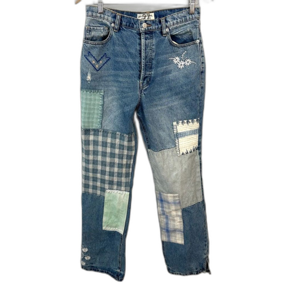 We The Free For Free People Steinbeck Patchwork Straight Leg Denim Jeans Size 27 - Picture 3 of 16